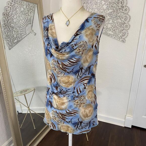 Early 2000’s Fairy Grunge Blue Tan Cowl Neck Flowy Vintage Made in USA Top XXL - Picture 5 of 8